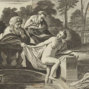 Susanna, partly naked and stepping out of a fountain with two elders at left, one o
