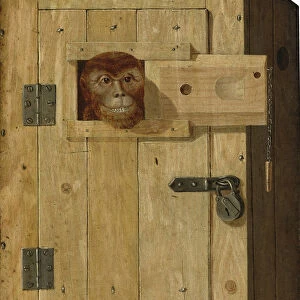 Trompe l oeil with a monkey in a wooden box. Artist: Trajtler, Josef (active Mid of 19th cen. )