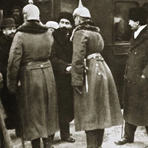 Trotsky and Russian delegates welcomed by German officers, Brest-Litovsk, Russia, 1917