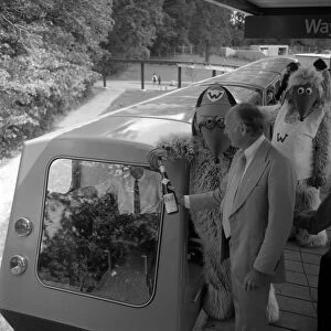 The Wombles with Lord Montagu at opening of Beaulieu Monorail 1974. Creator: Unknown
