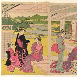 Women Viewing Scroll Paintings of the Gods of Good Fortune, late 18th-early 19th century. Creator: Hosoda Eishi