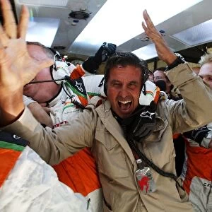 Formula One World Championship: Enrico Zanarini Driver Manager of pole sitter Giancarlo Fisichella Force India F1, celebrates with the Force