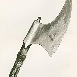 16Th Century Ceremonial Beheading Axe, Carried By The Master Gaoler Of The Tower Of London. The Staff Is Studded With Brass Nails Over Leather. From The British Army: Its Origins, Progress And Equipment, Published 1868