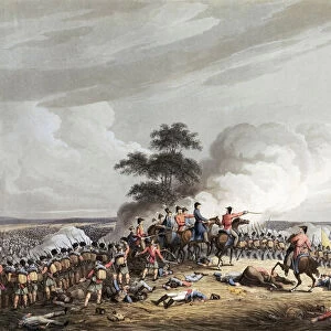 The Battle of Waterloo, June 18, 1815. The Duke of Wellington looks down over Hougoumont farm. After an anonymous artist. Published in London, 1816