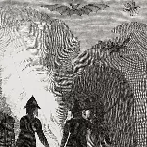 A coven of witches around a cauldron. Witches were said to prepare their secret potions in a cauldron. After a 19th century illustration an 1807 edition of Charles Lambs Tales From Shakespeare Designed For The Use of Young Persons