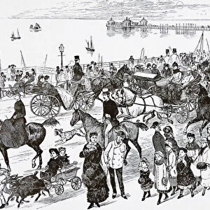 Crowd traveling down Kings Road, Brighton, England, dated 1877