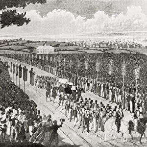 Demonstration at Copenhagen Fields, London, England 21 April 1834 in protest against the deportation of the Tolpuddle Martyrs. The Tolpuddle Martyrs, a group of 19th-century Dorset agricultural labourers who were arrested for and convicted of swearing a secret oath as members of the Friendly Society of Agricultural Labourers, they were sentenced to penal transportation to Australia and Tasmania. From The Martyrs of Tolpuddle, published 1934
