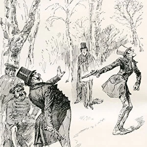The Duel After The Ball. "Mr. Winkles Eyes Being Closed, Prevented His Observing The Very Extraordinary And Unaccountable Demeanour Of Doctor Slammer. That Gentleman Stared, Rubbed His Eyes, And, Finally, Shouted "Stop, Stop! Thats Not The Man!". Illustration By Harry Furniss For The Charles Dickens Novel The Pickwick Papers, From The Testimonial Edition, Published 1910