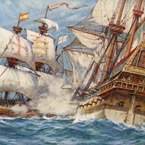 EDITORIAL The Spanish Armada in the Englsh Channel, an incident in the running fight. After the painting by C. M. Padday. From Britain and Her Neighbours, 1485 - 1688, published 1923