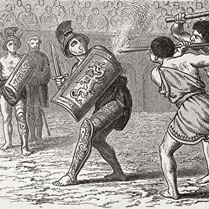 Gladiator goaded by whips to join combat. After a mid-19th century illustration by an unidentified artist