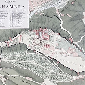 Granada, Spain. Plan Of The Alhambra And Surrounding Districts Around The Turn Of The 20Th Century. From Enciclopedia Ilustrada Segu