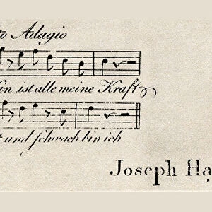 Haydns "Anti-Visiting"card, which when translated reads, "Gone is all my strength, old and weak am I". Franz Joseph Haydn, 1732 - 1809. Austrian composer of the Classical period. From The Golden Age of Vienna, published 1948