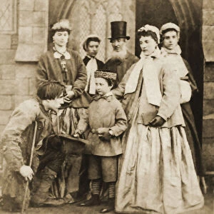 Historic image in sepia tone of a child begging for money outside the doorway of a church, with men and women watching