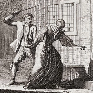 Man beating a woman. After an 18th century print by Caspar Luyken