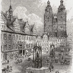 Market Place, Lutherstadt Wittenberg, Germany, With The Martin Luther And Melanchthon Statues, In The 19Th Century. From Pictures From The German Fatherland Published C. 1880