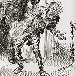 Mr. Wrayburns Method Of Ejection. "the Fact That Mr. Dolls Exhibited A Tendency To Fall Asleep, Thereby Threatening A Prolonged Stay On The Premises, Necessitated Vigorous Measures. So Eugene Picked Up His Worn Out Hat With The Tongs, Clapped It On His Head, And Conducted Him Downstairs. "Illustration By Harry Furniss For The Charles Dickens Novel Our Mutual Friend, From The Testimonial Edition, Published 1910