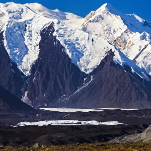 Panorama View Of Mt. Brooks (Nearest Snow-Capped Mountain) And Denali (Behind) Towering Over The Muldrow Glacier In Denali National Park; Alaska, United States Of America