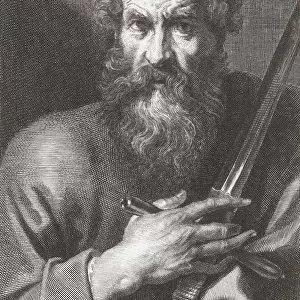 Paul the Apostle, aka Saint Paul and Saul of Tarsus, c. 5 AD - c. 65 AD. Though not one of the Twelve Apostles, he travelled widely to spread Jesus teaching. After a work by Cornelis van Caukercken from a painting by Anthony van Dyck