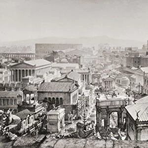 The Roman Forum, centre, the Palatine (right) and the Colosseum (background, left) as they may have appeared in Rome in 312 AD. After a section of a panoramic painting of Rome created by Professor J. Buhlmann and Alexander Wagner and published in leporello, or fold-out, book form in Munich, 1892, titled Das Alte Rom mit dem Triumphzuge Kaiser Constantins im Jahre 312