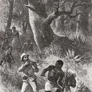 Stanley Threatens To Shoot A Porter During The Mutiny In Gombe, Africa During The His Expedition In 1872. Sir Henry Morton Stanley, Born John Rowland, 1841 To 1904. Welsh Journalist And Explorer. From El Mundo En La Mano Published 1878