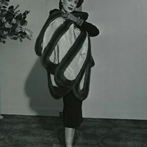 Fashion 1950s Model wearing a wild mink stole on pleated taffeta with matching gloves