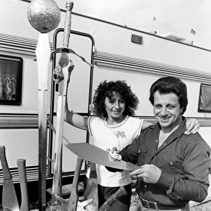 Fritz and Helga Brumbach with the items used in their knife-throwing circus act