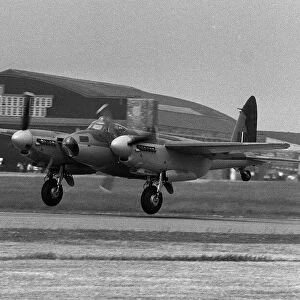A De Havilland Mosquito takes off from Liverpool Airport where it has been rebuilt to