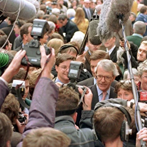 John Major Prime Minister is mobbed by the media during a visit to Perth