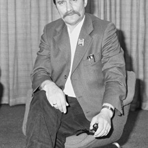 Lech Walesa Polish Union Leader seen here giving a press conference at Heathrow Airport