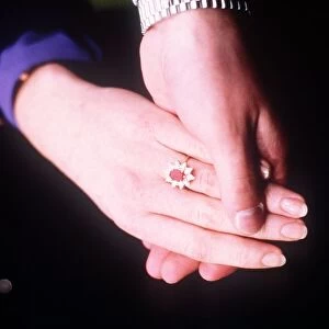 Prince Andrew and Sarah Ferguson annnounce their engagement showing ring Marc 1986