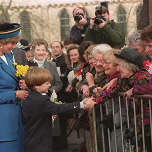 PRINCESS OF WALES WITH PRINCE WILLIAM AS THEY SHAKE HANDS WITH CROWDS