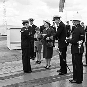 Queen Elizabeth II and the Prince of Wales visit HMS Eagle at Weymouth. 29th April 1959