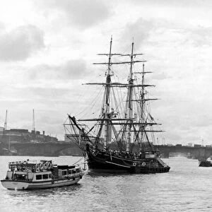 The square-rigged ship Bounty, 480 tons, moored near Tower Stairs Pier, London