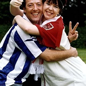 Susan Tully actress with Ian Reddington Actor in rival football kits Circa May