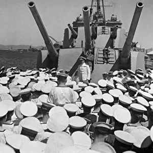 Vice Admiral Sir James Somerville addressing the ships company of British Royal Navy