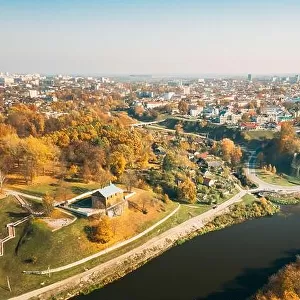 Grodno, Belarus. Aerial Bird's-eye View Of Hrodna Cityscape Skyline. Kalozha Church And Other Famous Popular Historic Landmarks In Sunny Autumn Day