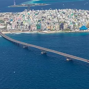 Island Of Male, The Capital of Maldives from the sky. Bridge connecting with the airport island. Maldives island, cityscape, exotic travel destination
