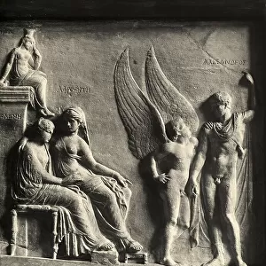Bas-relief representing Helen, Venus, Paris and Cupid in front of the simulacrum of the Goddess Pilum (Seduction of Helen), copy of the original Attic of the IV century B.C. preserved in the National Archaelogical Museum in Naples
