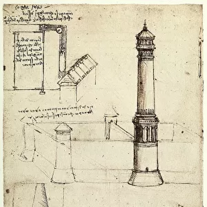 Design for a fortified chimney, drawing by Leonardo da Vinci, part of the Codex B (2173), c.23v, housed at the Institut de France, Paris