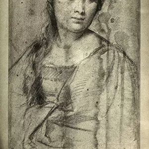 Dressed woman with long hair looking to the right. Drawing by Titian preserved in the Room of Drawings and Prints in the Museum of the Uffizi