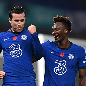 Chelsea's Chilwell and Abraham Celebrate Second Goal Against Sheffield United (Premier League, November 2020)