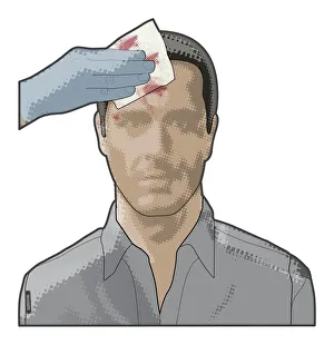 Digital composite of hand holding sterile gauze on bleeding head wound Digital composite of hand holding sterile gauze on bleeding head wound