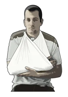 Digital composite illustration of of man supporting arm in sling Digital composite illustration of of man supporting arm in sling