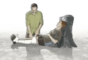 Digital composite of man immobilizing broken leg of man lying against tree trunk Digital composite of man immobilizing broken leg of man lying against tree trunk