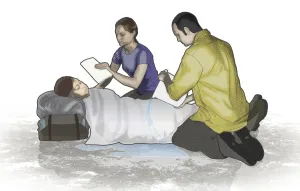 Digital composite of man and woman fanning face and pouring cold water on heatstroke Digital composite of man and woman fanning face and pouring cold water on heatstroke