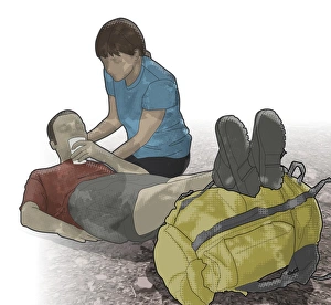 Digital composite of woman helping heat casualty drink water Digital composite of woman helping heat casualty drink water