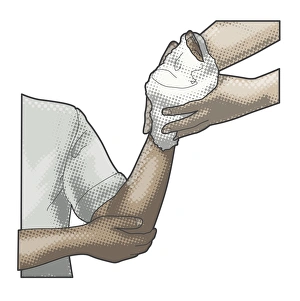 Digital illustration of casualty supporting elbow as pair of hands hold padded bandage around injured hand Digital illustration of casualty supporting elbow as pair of hands hold padded bandage around injured hand
