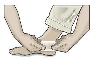 Digital illustration of man putting adhesive plaster on foot Digital illustration of man putting adhesive plaster on foot