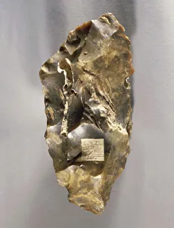 Double-bladed flint ax with label of original inventory by Jacques Boucher de Perthes Double-bladed flint ax with label of original inventory by Jacques Boucher de Perthes