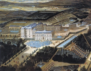 France, Perspective view of Royal castle and gardens of Saint Cloud near Paris in 1700 by Etienne Allegrain, oil on canvas, detail France, Perspective view of Royal castle and gardens of Saint Cloud near Paris in 1700 by Etienne Allegrain, oil on canvas, detail